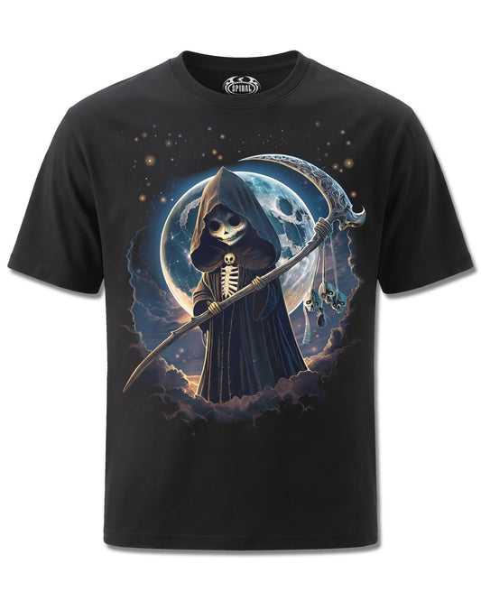 Spiral Reaperette design, front view on Black M121, Rock Off Retail official merch