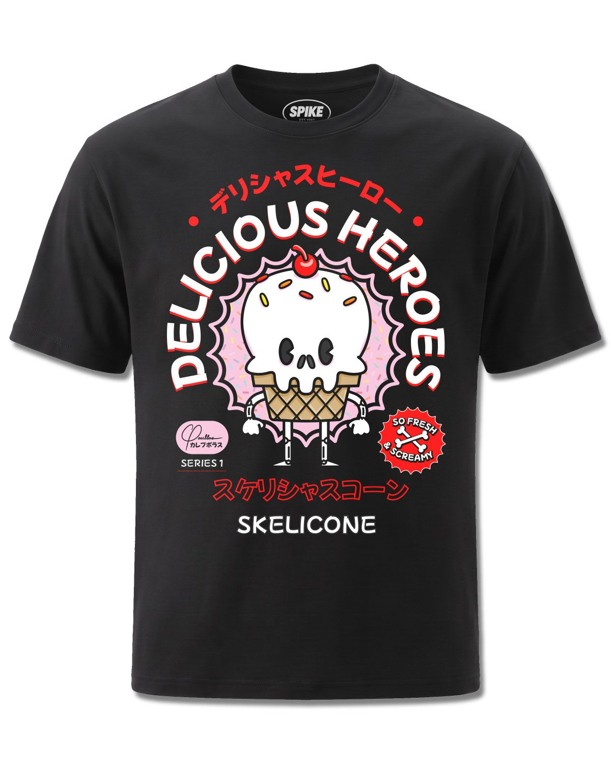 Delicious Heroes Skelicone (Delicious Heroes) design, front view on Black M121, Rock Off Retail official merch