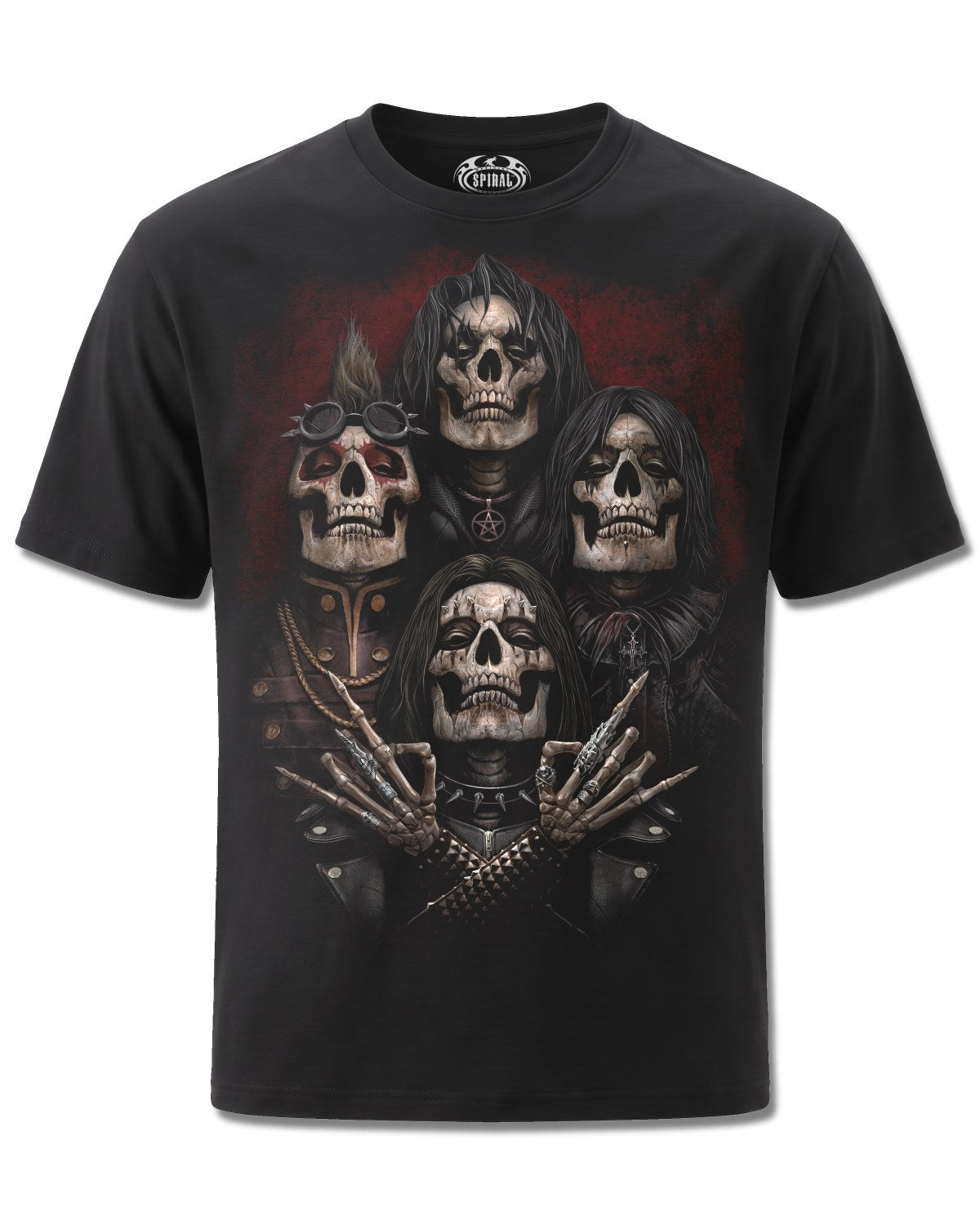 Spiral Faces Of Goth design, front view on Black M121, Rock Off Retail official merch