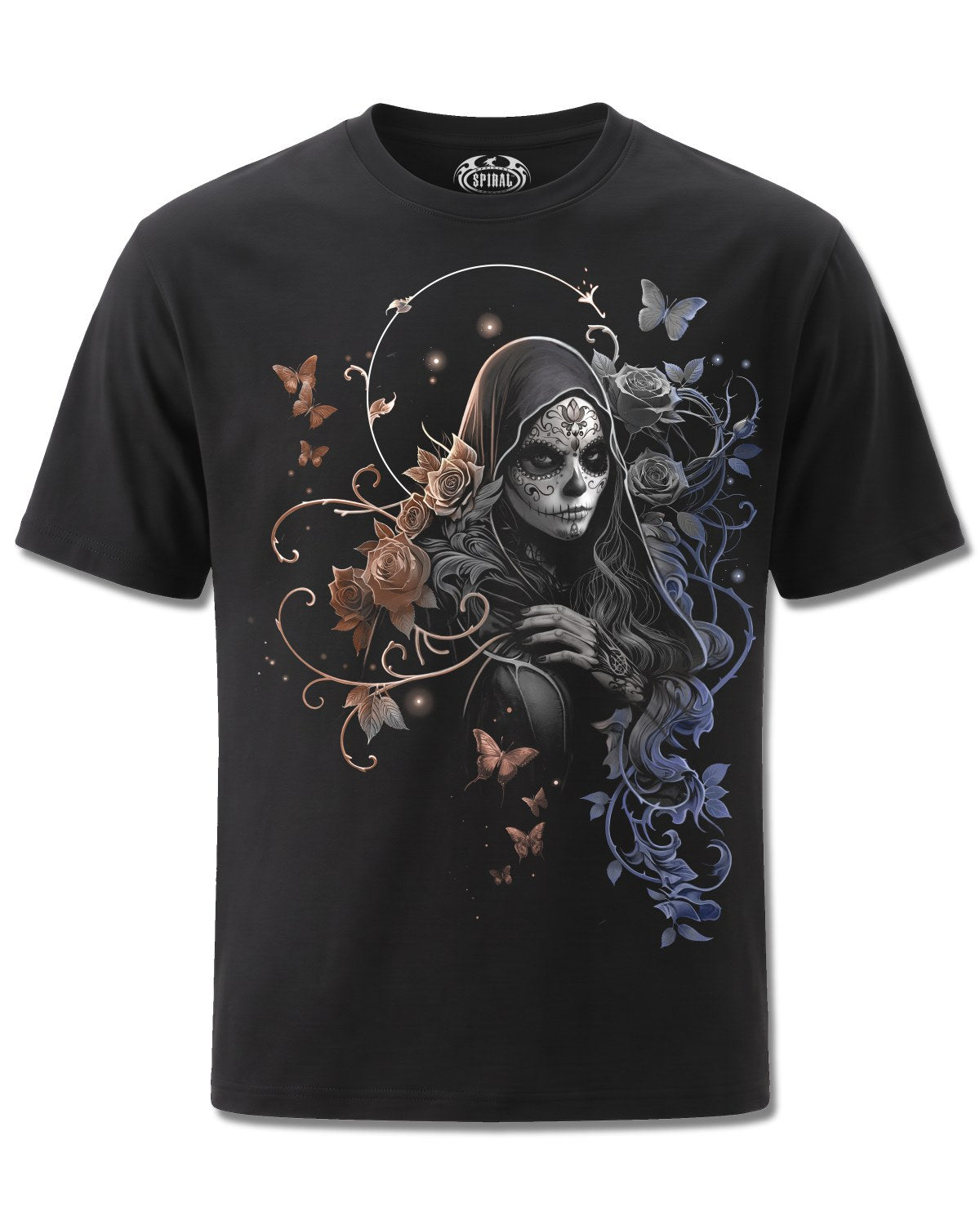 Spiral Gothic Grace design, front view on Black M121, Rock Off Retail official merch