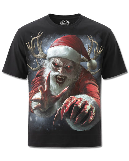 Spiral Naughty Or Nice Santa design, front view on Black M121, Rock Off Retail official merch