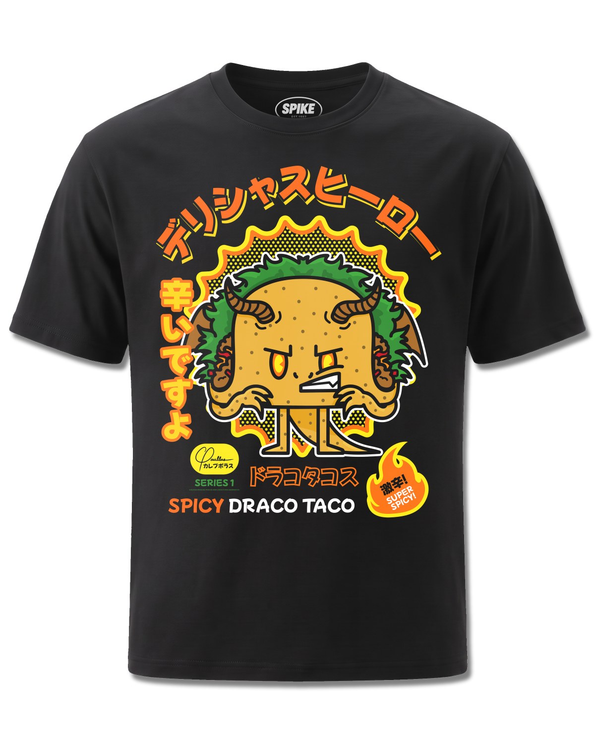Delicious Heroes Spicy Draco Taco (Delicious Heroes) design, front view on Black M121, Rock Off Retail official merch
