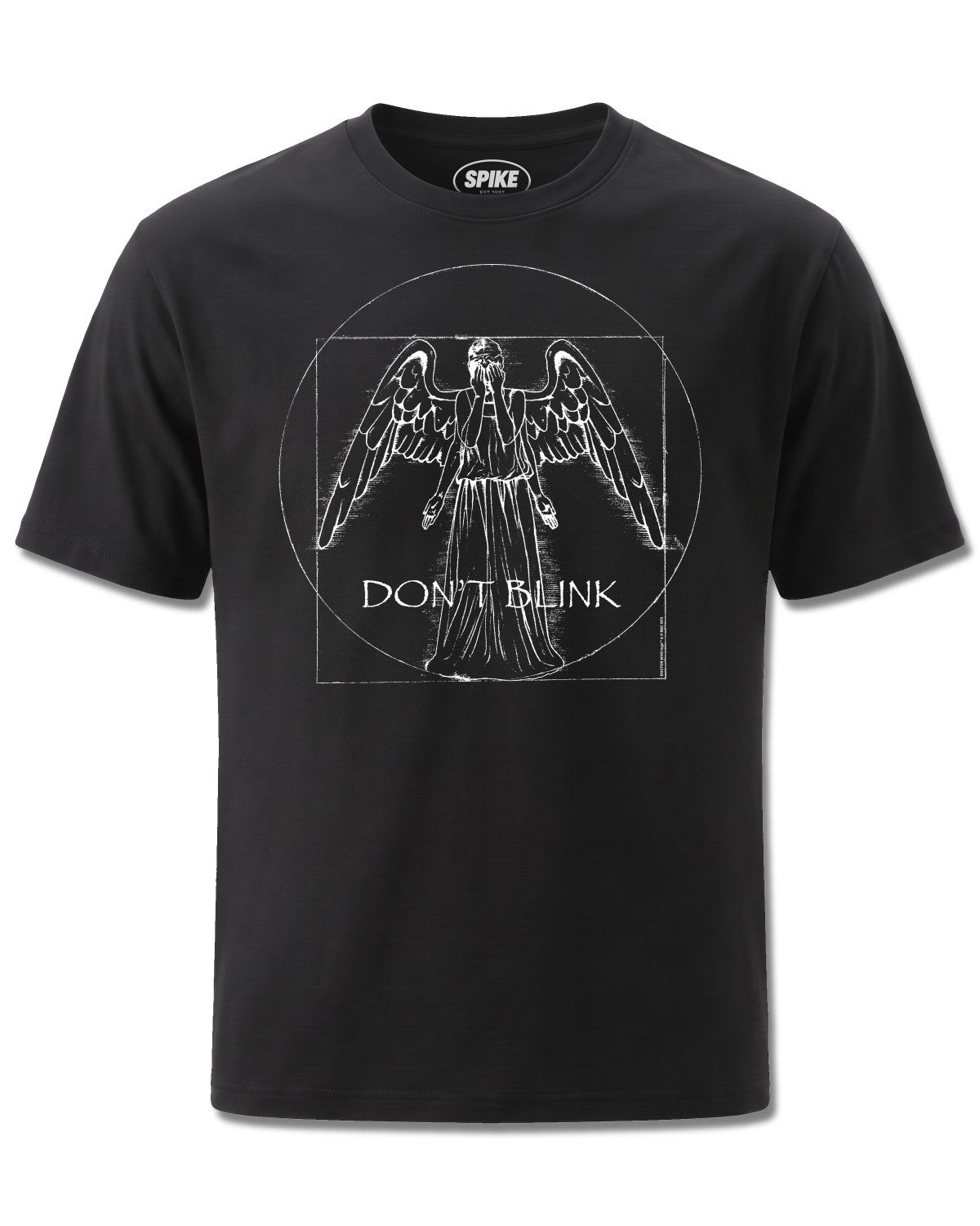 Dr Who Weeping Angel (Dr Who) design, front view on Black M121, Rock Off Retail official merch