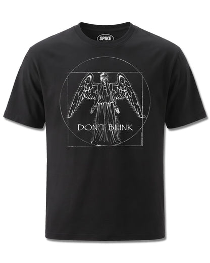 Dr Who Weeping Angel (Dr Who) design, front view on Black M121, Rock Off Retail official merch