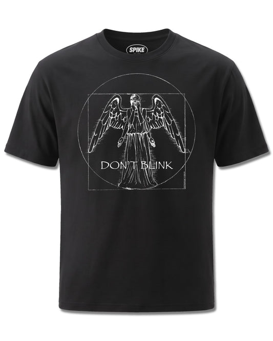 Dr Who Weeping Angel (Dr Who) design, front view on Black M121, Rock Off Retail official merch