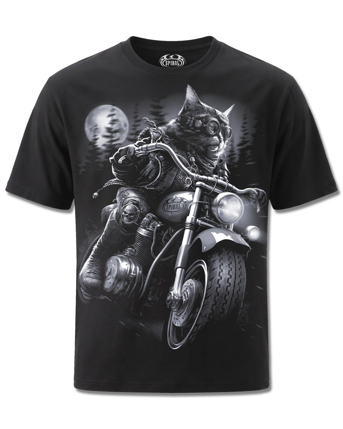 Spiral Nine Lives design, front view on Black M121, Rock Off Retail official merch
