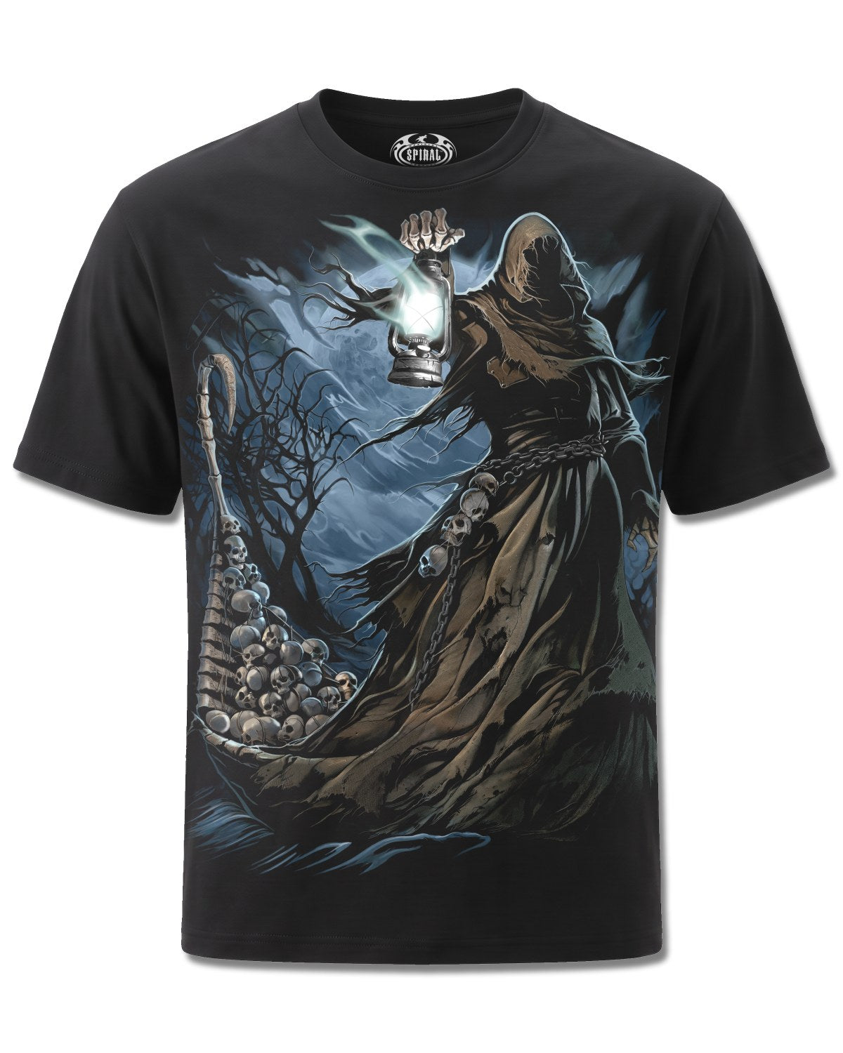 Spiral Ferryman design, front view on Black M121, Rock Off Retail official merch