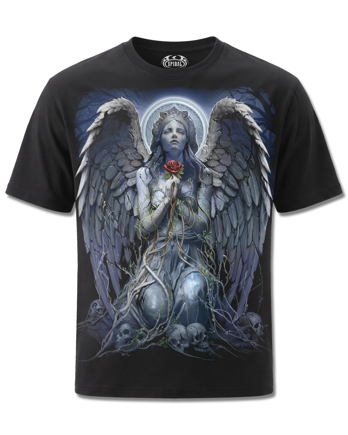 Spiral Grieving Angel design, front view on Black M121, Rock Off Retail official merch