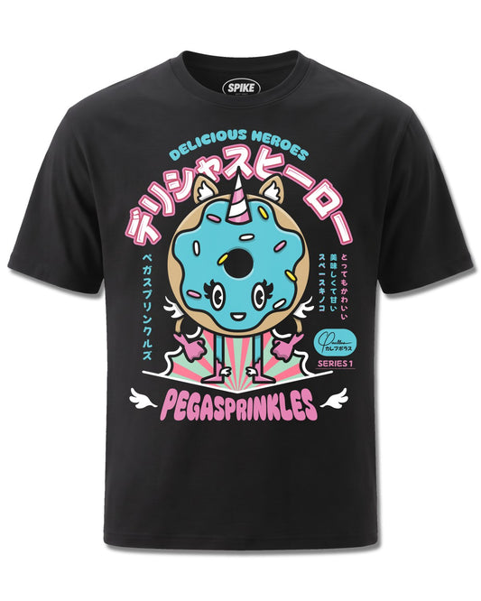 Delicious Heroes Pegasprinkles (Delicious Heroes) design, front view on Black M121, Rock Off Retail official merch