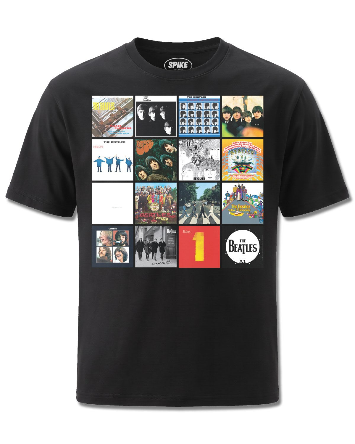 Beatles Album Covers (The Beatles) design, front view on Black M121, Rock Off Retail official merch