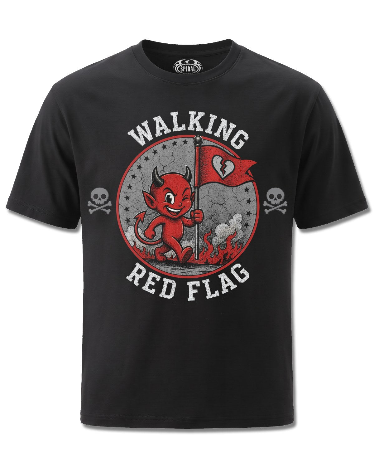 Spiral Red Flag design, front view on Black M121, Rock Off Retail official merch