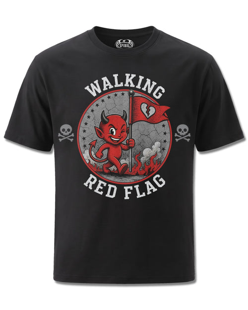 Spiral Red Flag design, front view on Black M121, Rock Off Retail official merch