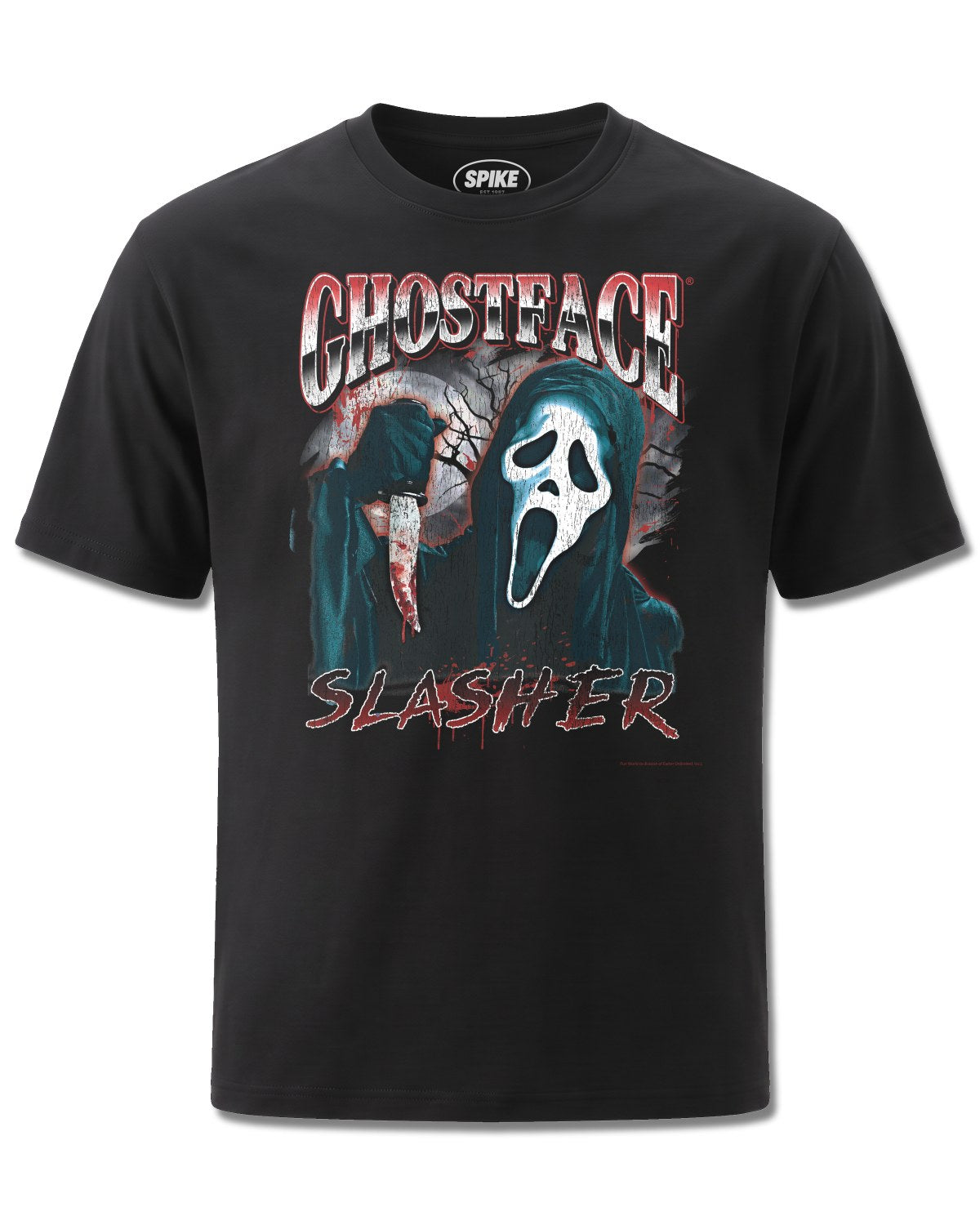 Ghost Face Slasher (Ghost Face) design, front view on Black M121, Rock Off Retail official merch
