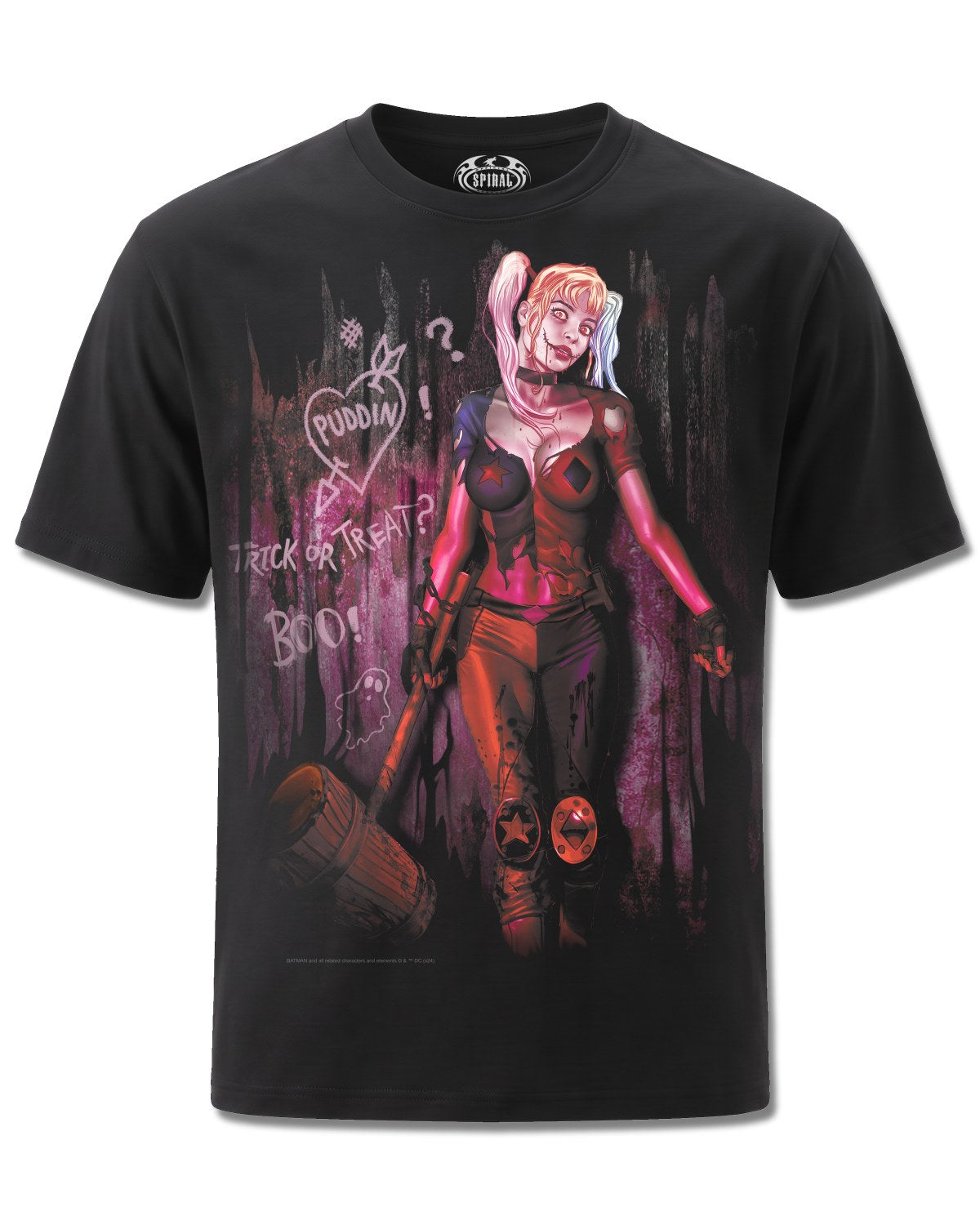 DC Comics Harley Quinn Trick Or Treat (Harley Quinn) design, front view on Black M121, Rock Off Retail official merch