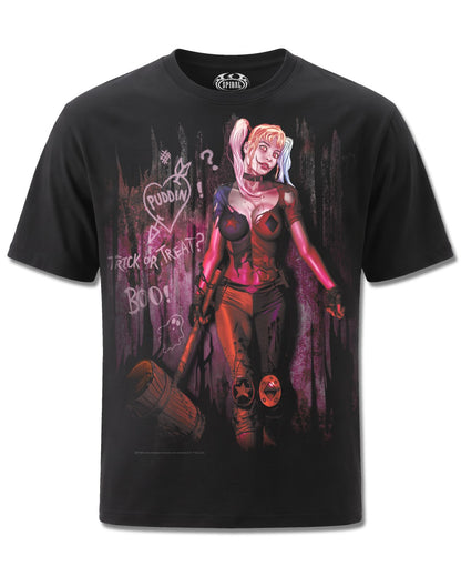 DC Comics Harley Quinn Trick Or Treat (Harley Quinn) design, front view on Black M121, Rock Off Retail official merch