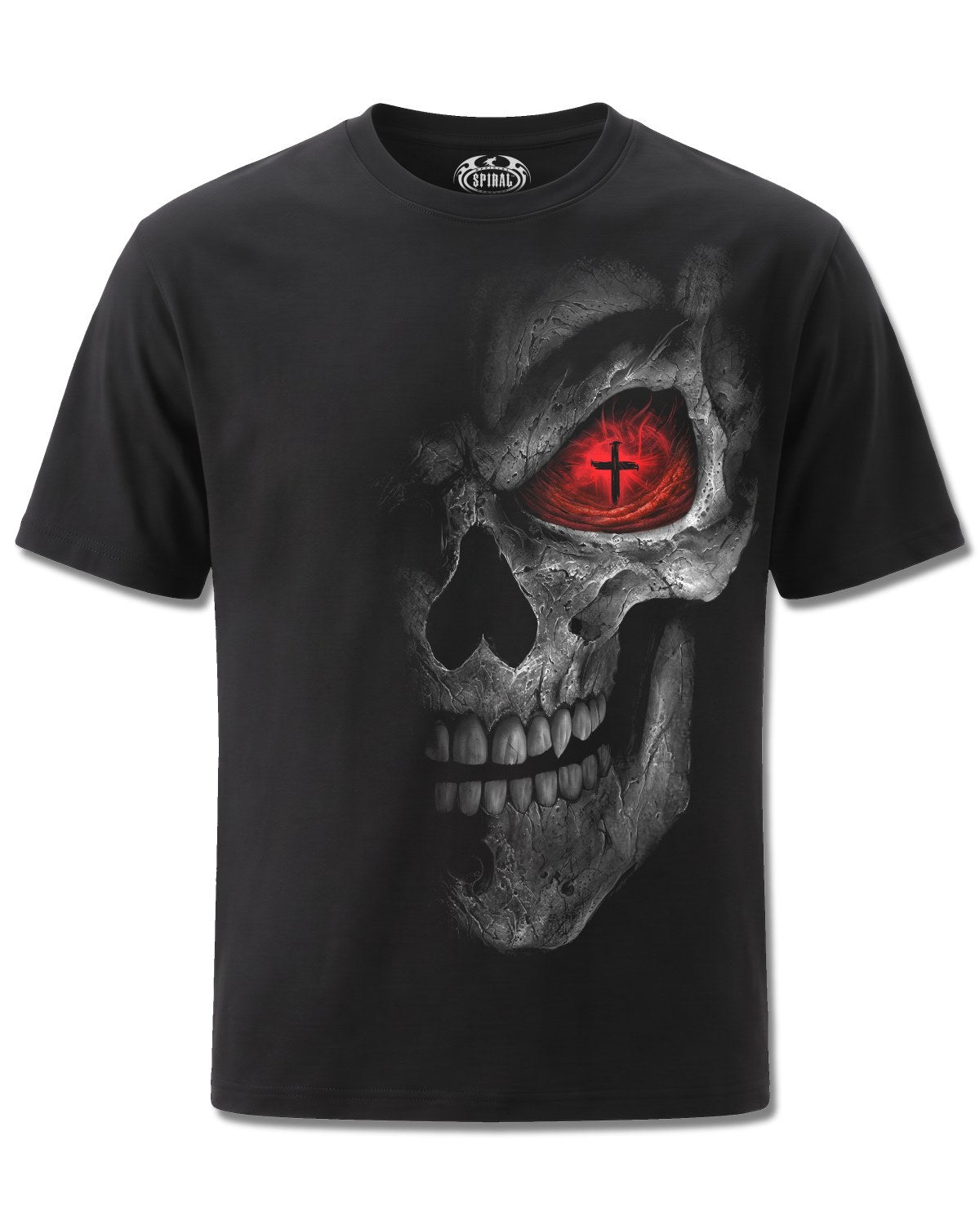 Spiral Death Stare design, front view on Black M121, Rock Off Retail official merch