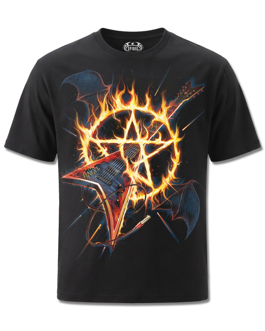 Spiral Hot Metal design, front view on Black M121, Rock Off Retail official merch