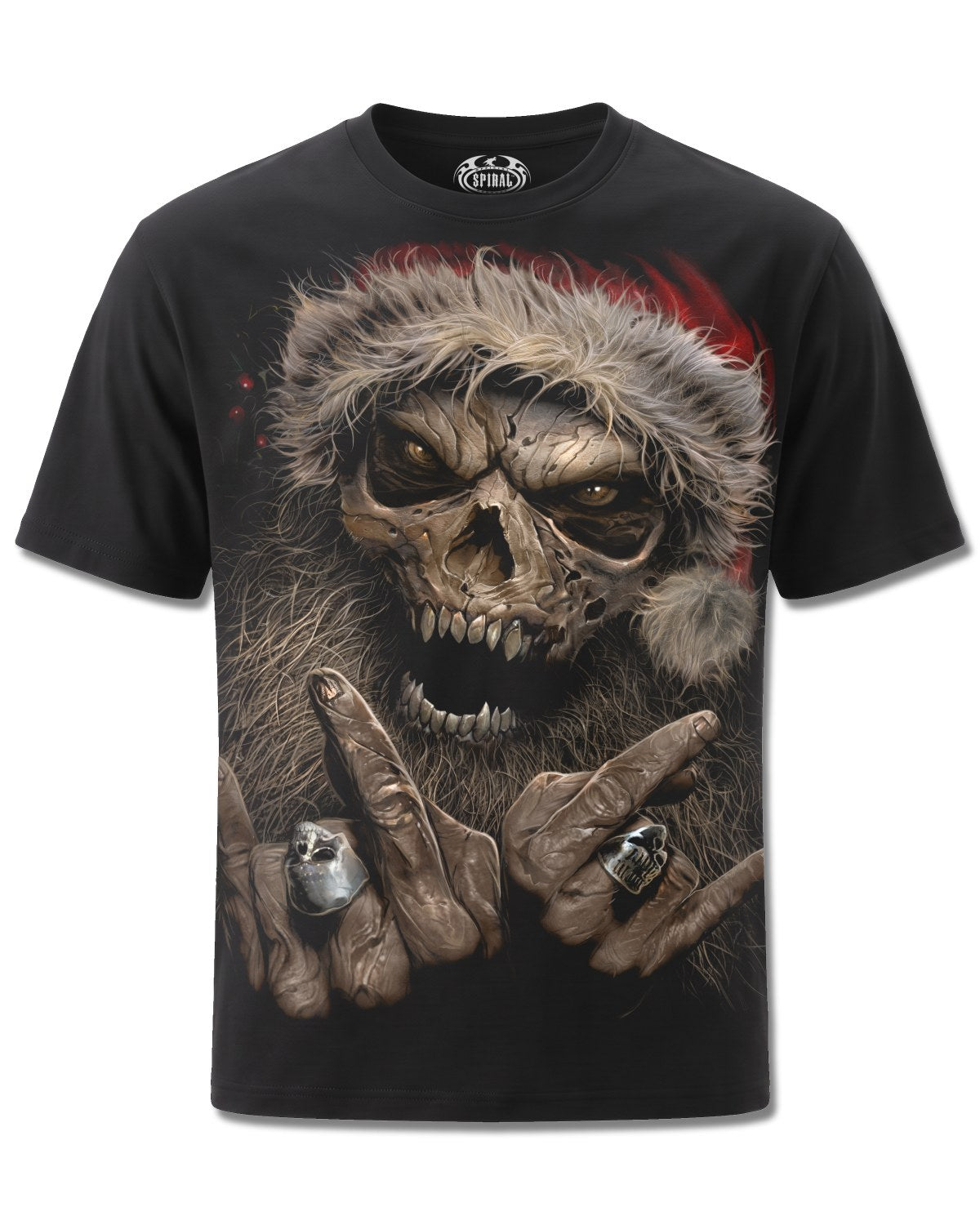 Spiral Rock Santa design, front view on Black M121, Rock Off Retail official merch