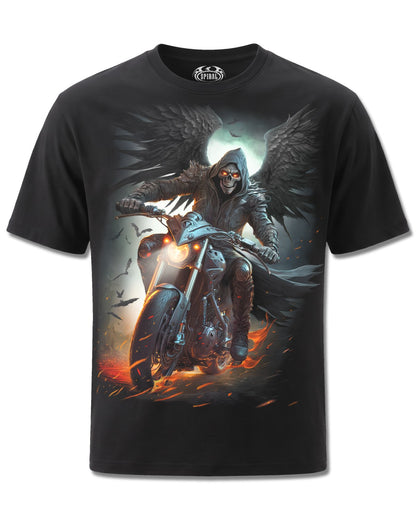 Spiral Night Rider design, front view on Black M121, Rock Off Retail official merch