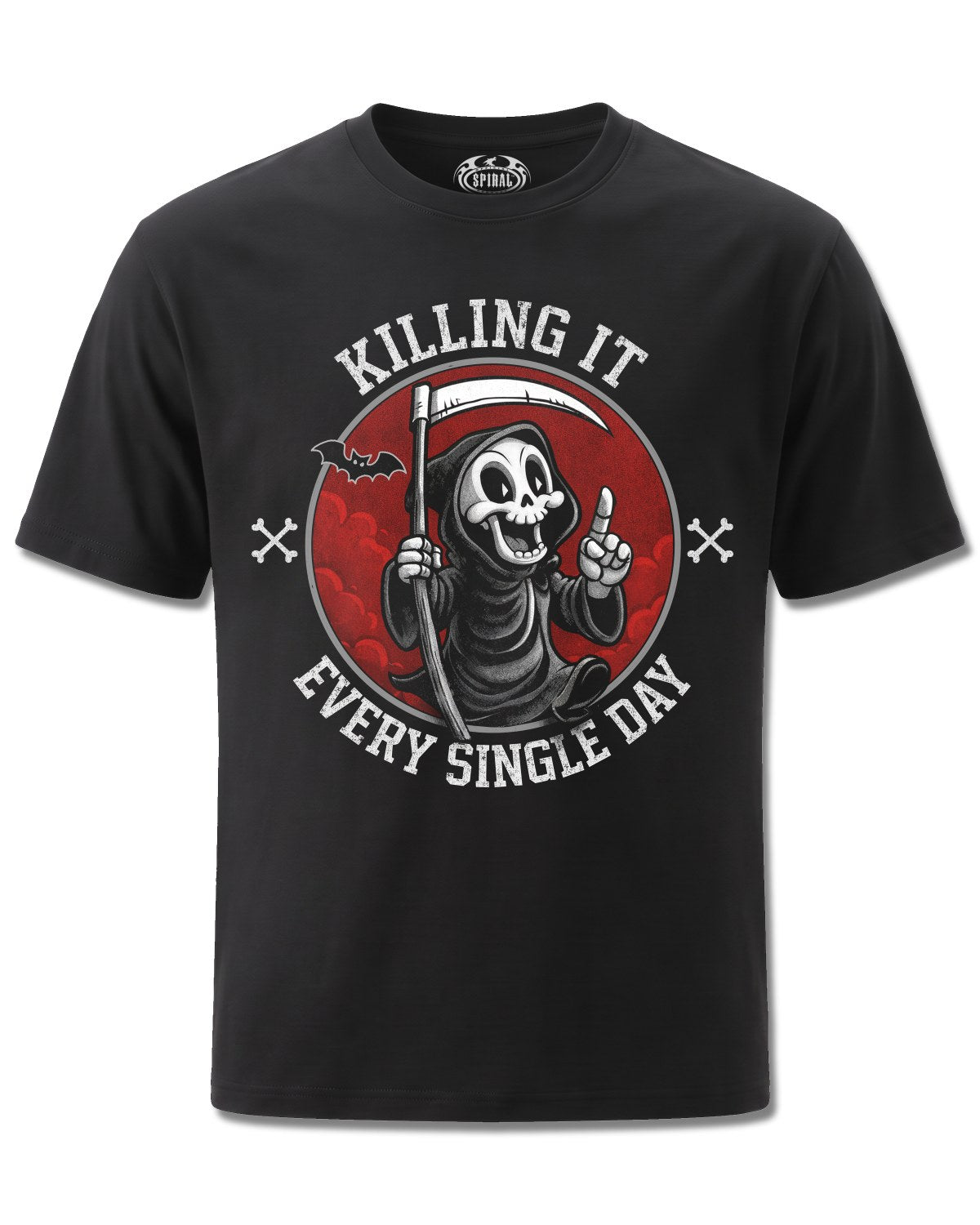 Spiral Killing IT design, front view on Black M121, Rock Off Retail official merch