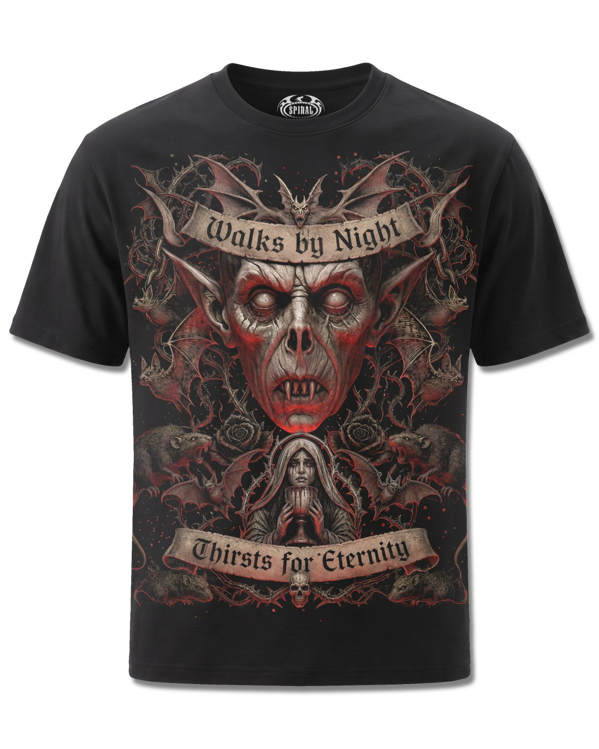 Spiral Walks By Night design, front view on Black M121, Rock Off Retail official merch