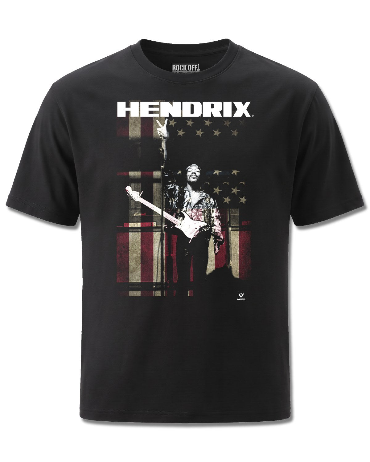 Jimi Hendrix Peace Flag (Jimi Hendrix) design, front view on Black M121, Rock Off Retail official merch