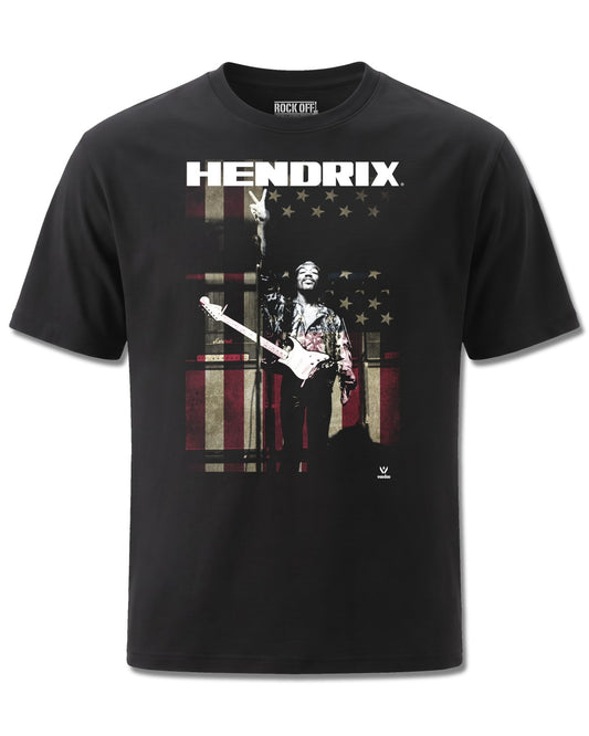 Jimi Hendrix Peace Flag (Jimi Hendrix) design, front view on Black M121, Rock Off Retail official merch