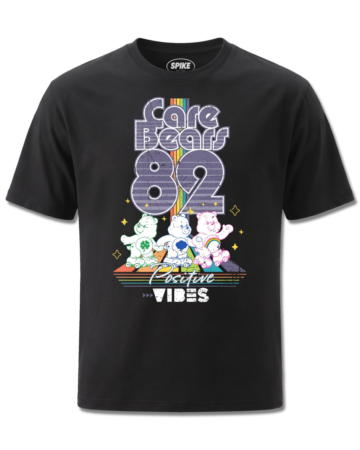 Care Bears 82 Positive Vibes (Care Bears) design, front view on Black M121, Rock Off Retail official merch