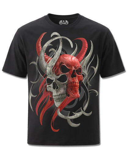 Spiral Skull Synthesis design, front view on Black M121, Rock Off Retail official merch