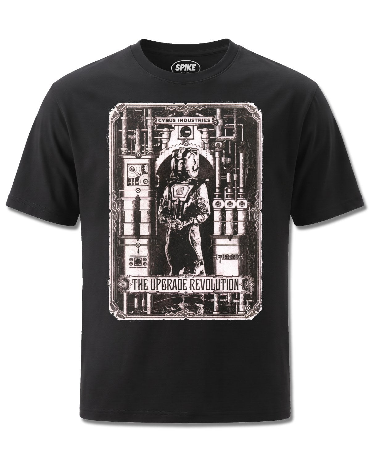 Dr Who Cyberman Upgrade Revolution (Dr Who) design, front view on Black M121, Rock Off Retail official merch