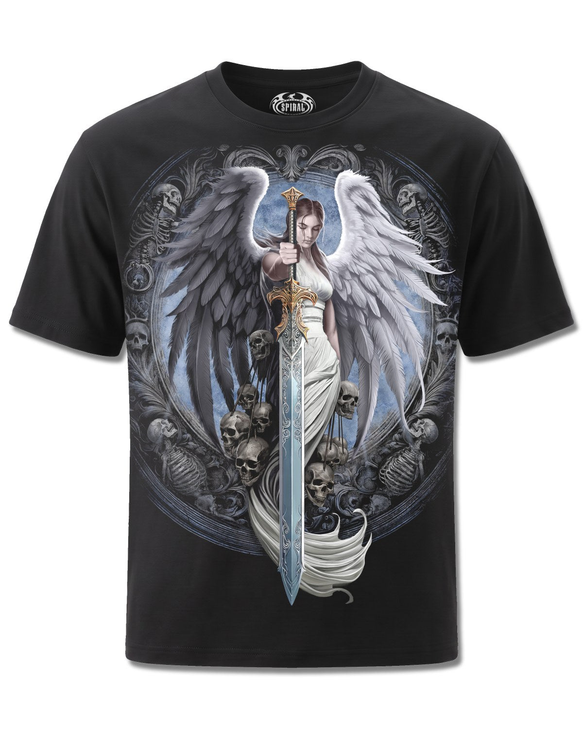 Spiral Angel Sword design, front view on Black M121, Rock Off Retail official merch
