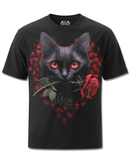 Spiral Cat's Love design, front view on Black M121, Rock Off Retail official merch