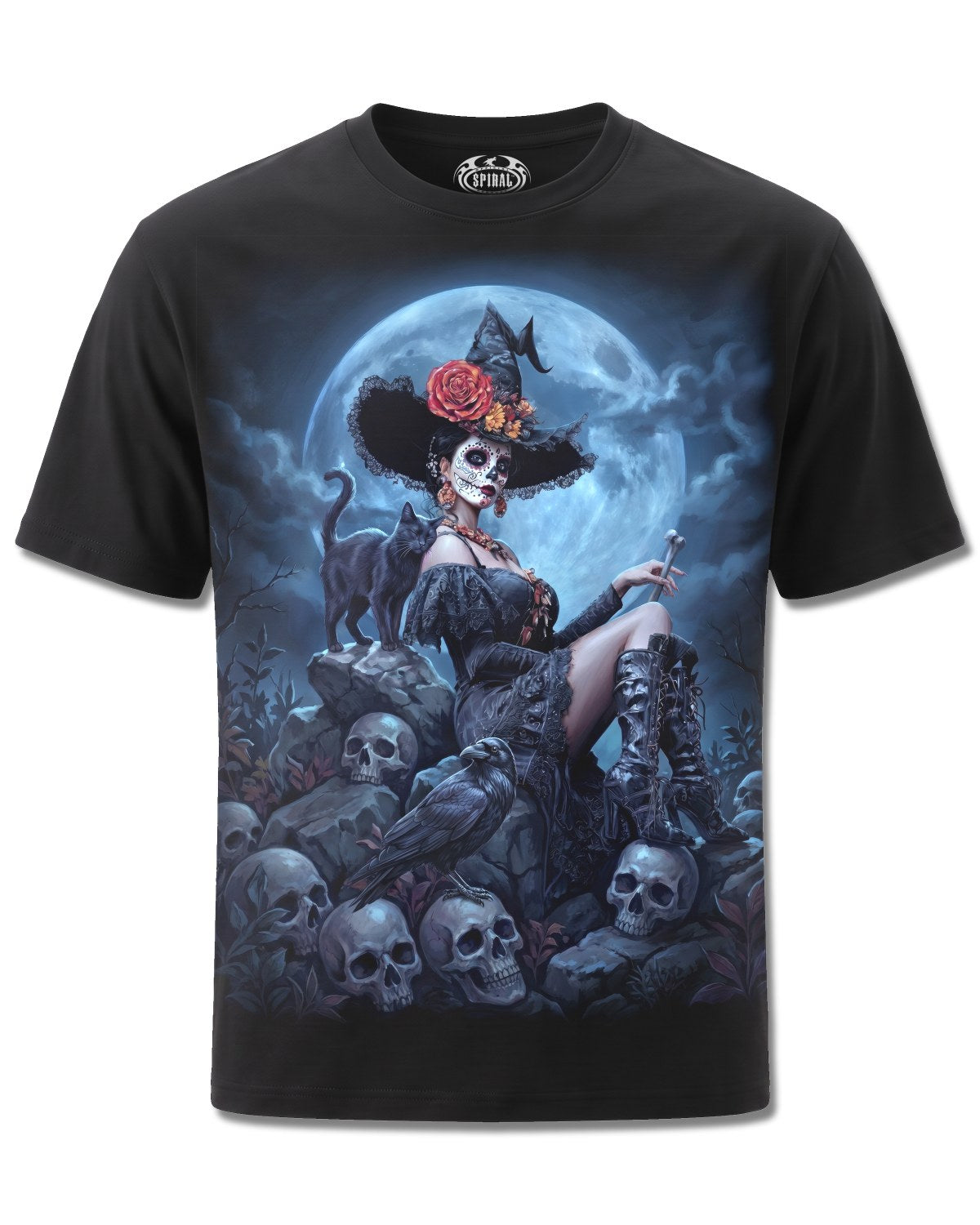 Spiral Night Of The Dead design, front view on Black M121, Rock Off Retail official merch