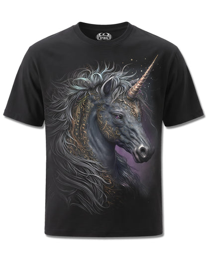 Spiral Celtic Unicorn design, front view on Black M121, Rock Off Retail official merch