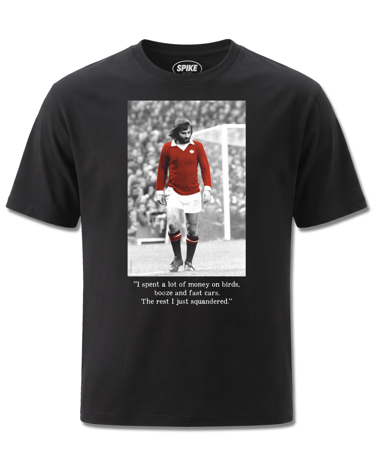 Icons George Best (Icons) design, front view on Black M121, Rock Off Retail official merch