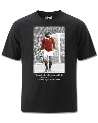 Icons George Best (Icons) design, front view on Black M121, Rock Off Retail official merch
