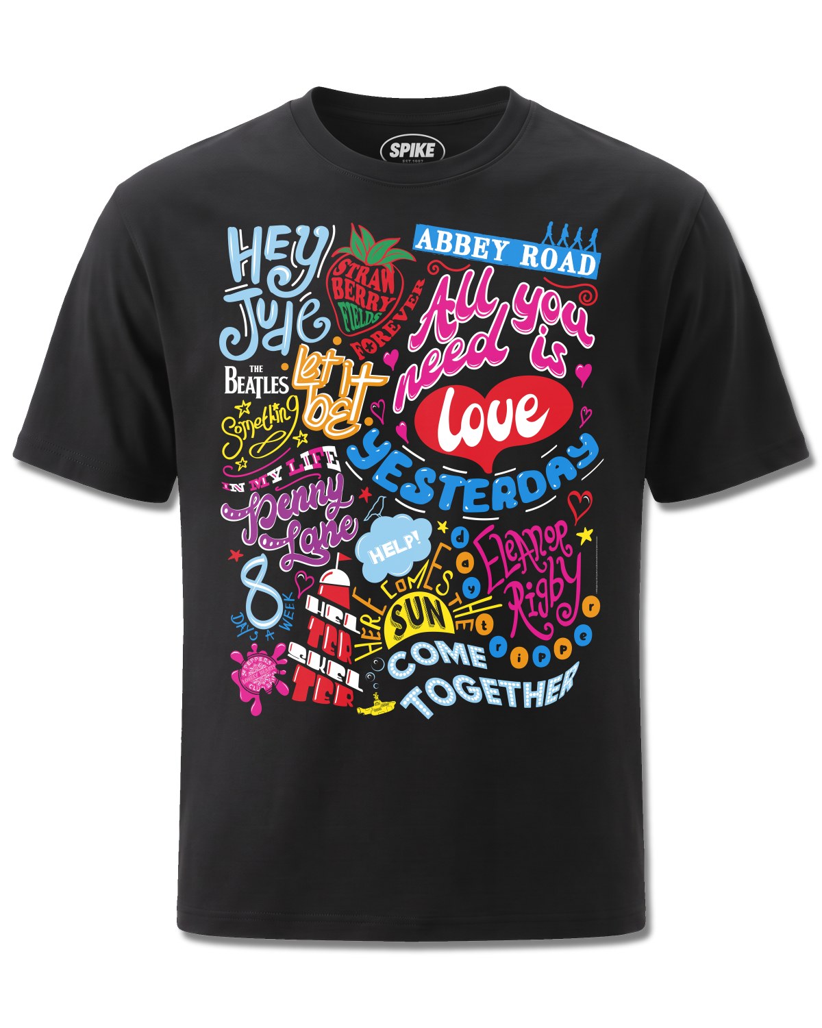 Beatles Song Titles (The Beatles) design, front view on Black M121, Rock Off Retail official merch