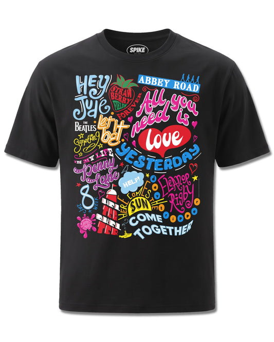 Beatles Song Titles (The Beatles) design, front view on Black M121, Rock Off Retail official merch