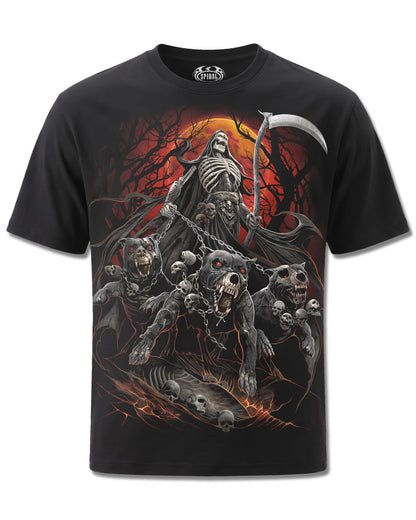 Spiral Harbingers design, front view on Black M121, Rock Off Retail official merch