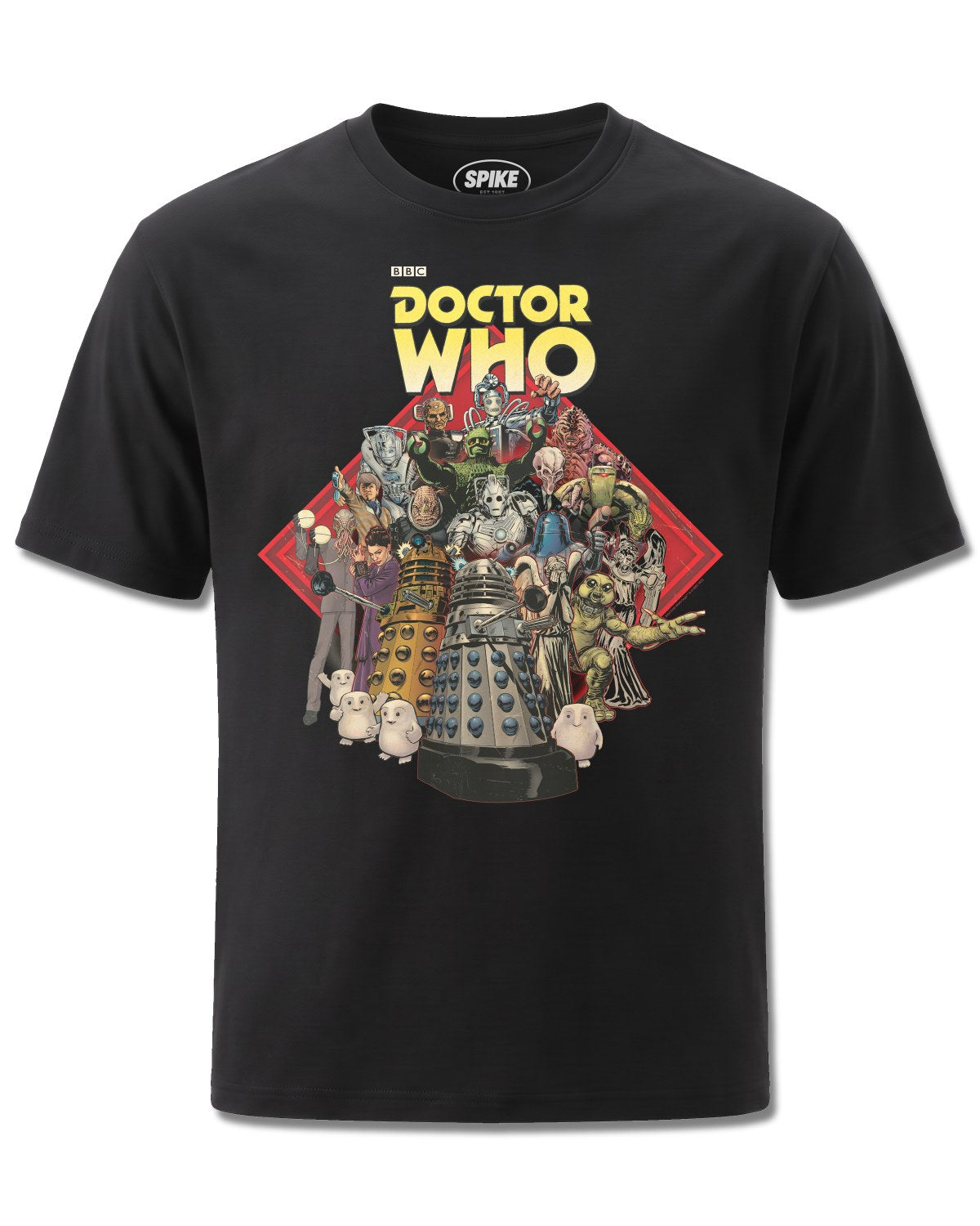 Dr Who Monsters Through The Ages (Dr Who) design, front view on Black M121, Rock Off Retail official merch