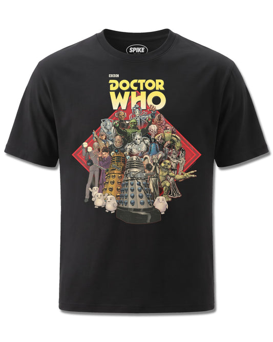 Dr Who Monsters Through The Ages (Dr Who) design, front view on Black M121, Rock Off Retail official merch