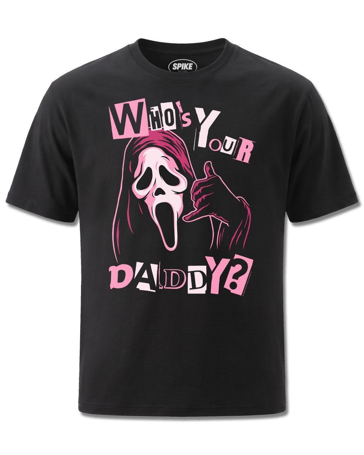Ghost Face Who's Your Daddy (Ghost Face) design, front view on Black M121, Rock Off Retail official merch