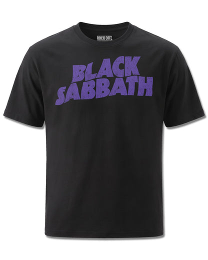 Black Sabbath Wavy Logo (Black Sabbath) design, front view on Black M121, Rock Off Retail official merch