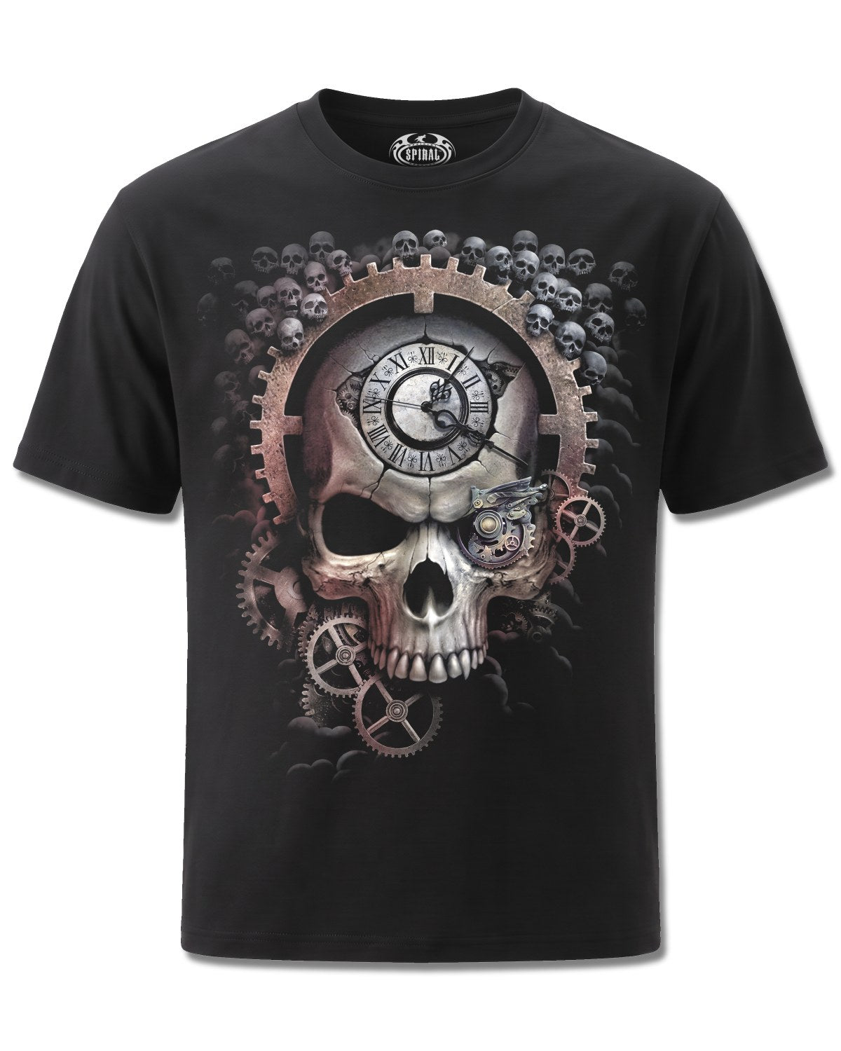 Spiral Reaper Time design, front view on Black M121, Rock Off Retail official merch