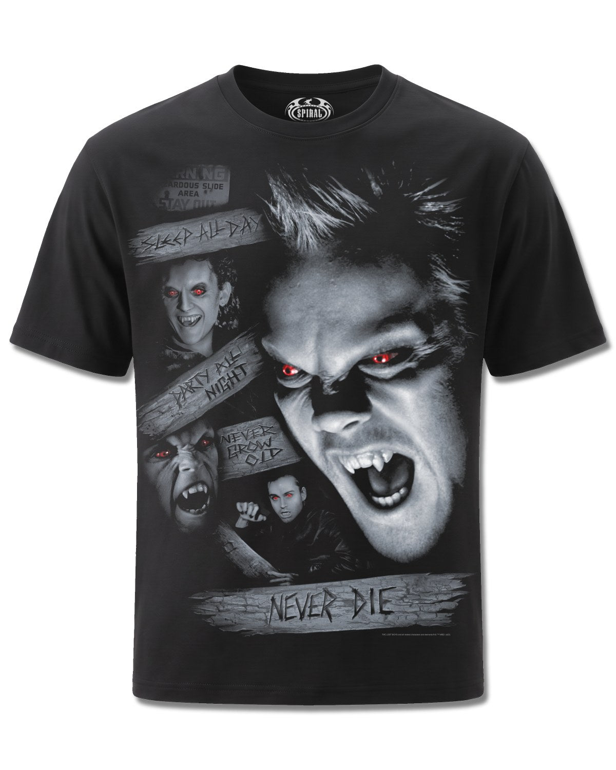 The Lost Boys Never Die (The Lost Boys) design, front view on Black M121, Rock Off Retail official merch
