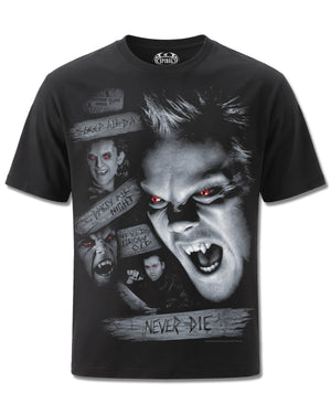 The Lost Boys Never Die (The Lost Boys) design, front view on Black M121, Rock Off Retail official merch