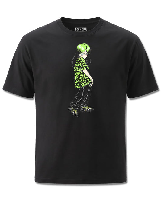 Billie Eilish Anime Billie (Billie Eilish) design, front view on Black M121, Rock Off Retail official merch