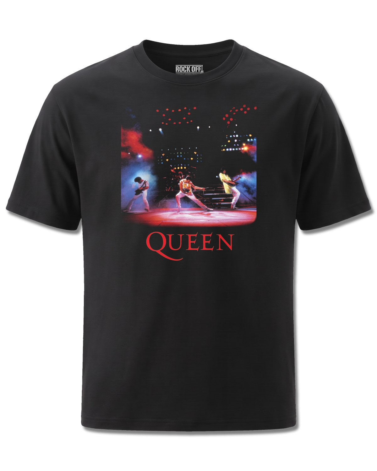 Queen Classic Crest (Queen) design, front view on Black M121, Rock Off Retail official merch