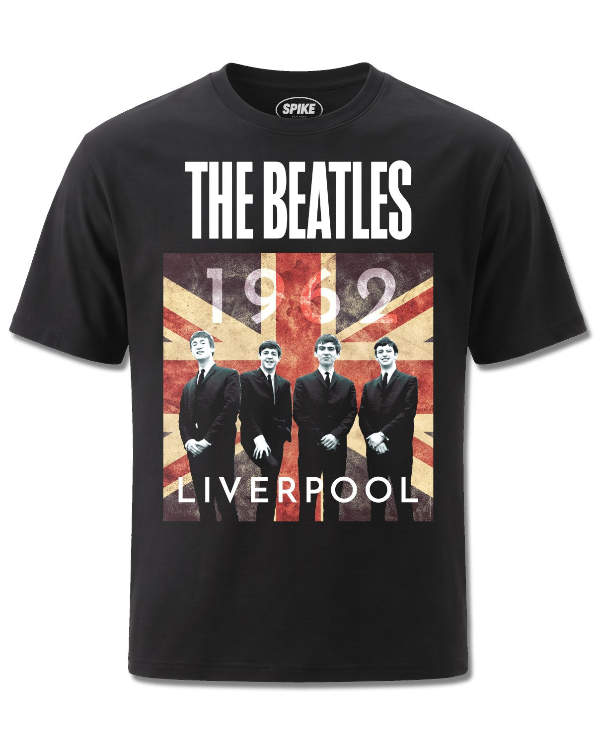 Beatles Liverpool 1962 (The Beatles) design, front view on Black M121, Rock Off Retail official merch