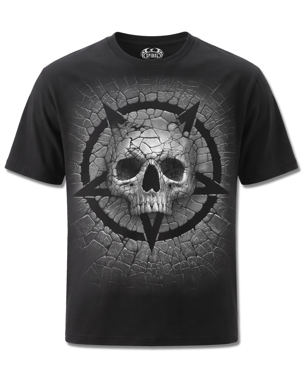 Spiral Cracking Up design, front view on Black M121, Rock Off Retail official merch